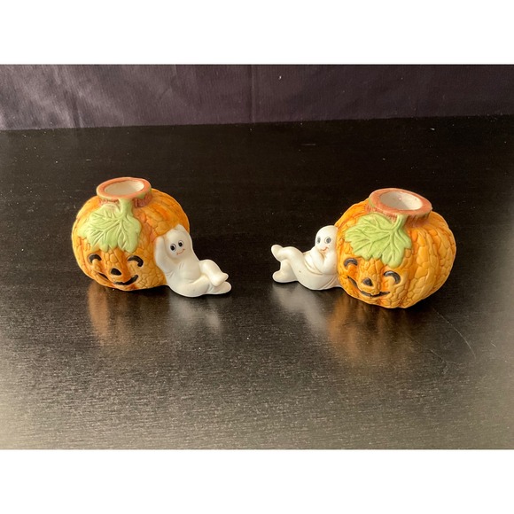 Vintage Halloween Candle Holders Pumpkin Ghosts Ceramic WNS 1984 Made in Taiwan - Picture 1 of 6